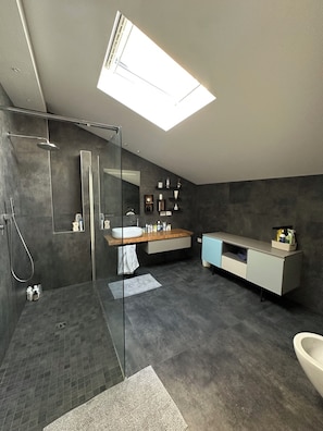 Een moderne badkamer met dakraam, een ruime douche, een wastafel met spiegel en een toilet.
