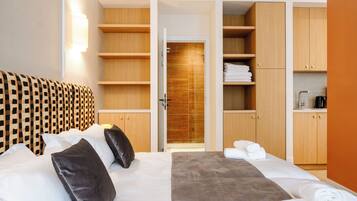 A hotel room with a bed, a wardrobe, a bathroom, and a shower area.