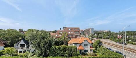 A residential area with houses, a railway track, and a clear sky.