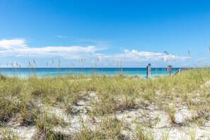 Ein Strand mit Sand, Gras und einem klaren, blauen Himmel.