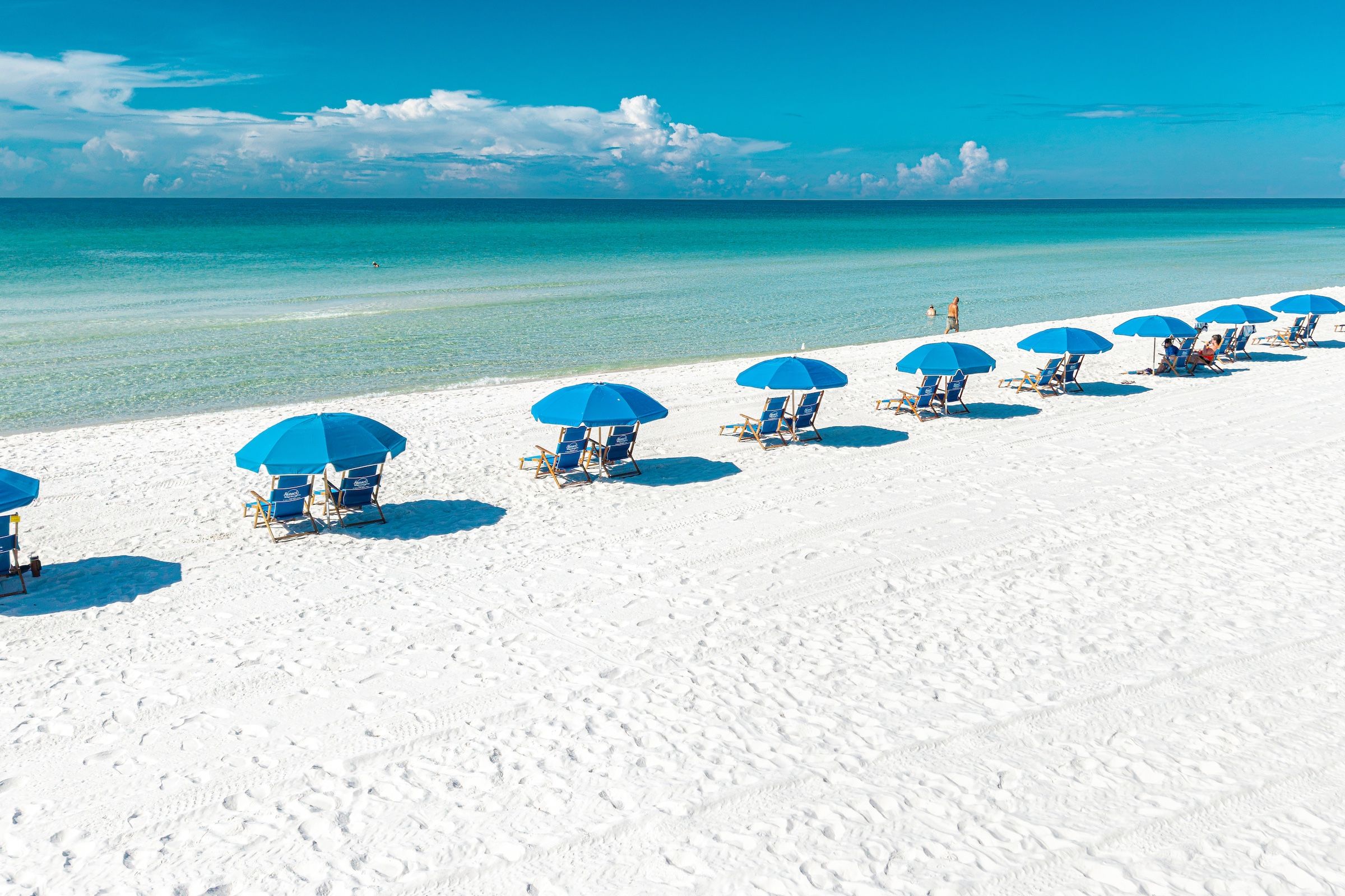 A beach with rows of blue umbrellas and beach chairs.