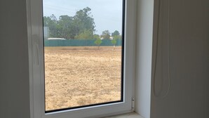 Ein Fenster mit Blick auf ein eingezäuntes Feld und Bäume.