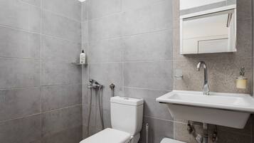 Ein modernes Badezimmer mit grauen Fliesen, einer weißen Toilette, einer Dusche mit Duschbrause, einem Waschbecken mit Spiegel darüber und einem Seifenspender an der Wand.