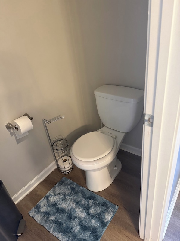 Une salle de bain équipée de toilettes, d’un porte-serviettes en papier, d’un support pour brosse de toilette et d’un tapis bleu sur le sol.
