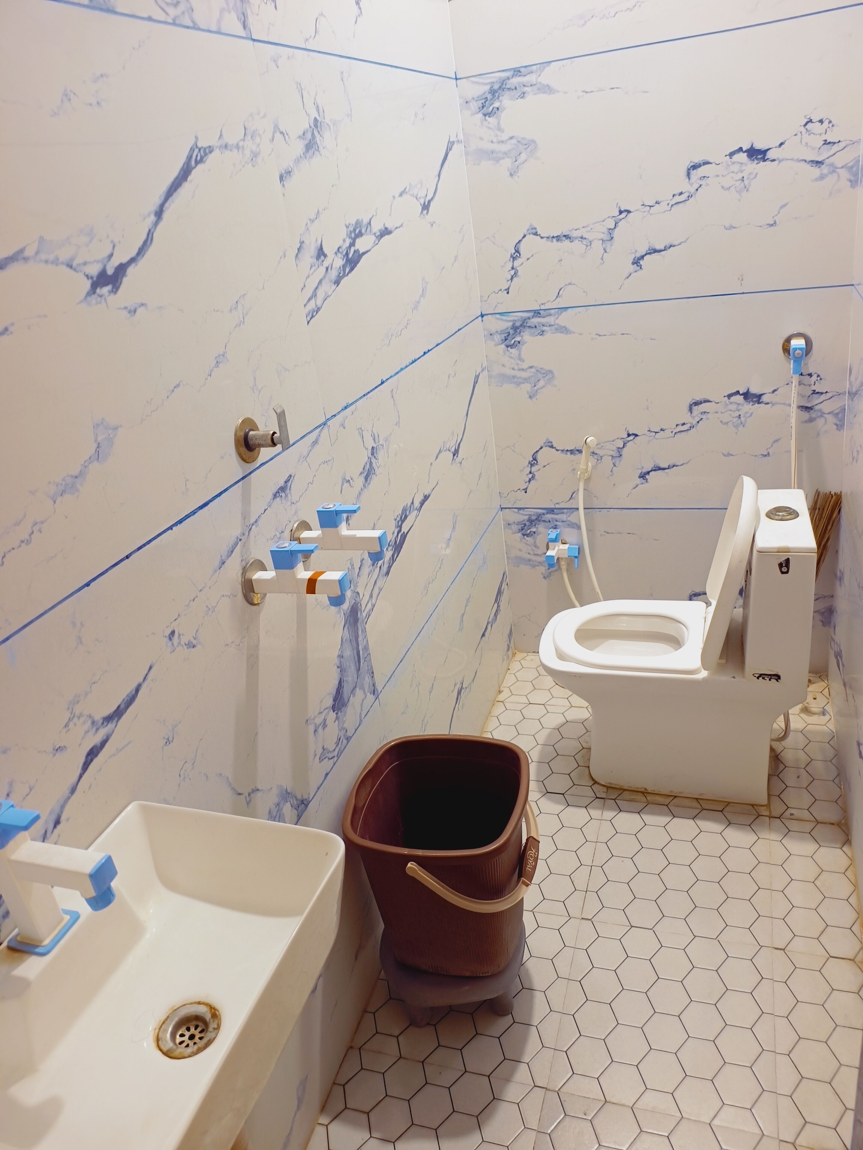 Een badkamer met toilet, wastafel en een emmer.