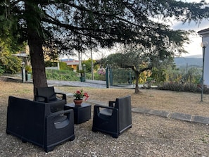 Terrassenmöbel aus Rattan mit einem Blumentopf, auf einer Schotterfläche mit Bäumen und Blick auf eine Wohngegend.