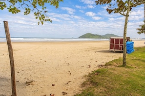 Ein Strand mit einem Holzpfahl, einer kleinen Konstruktion und einem Baum.