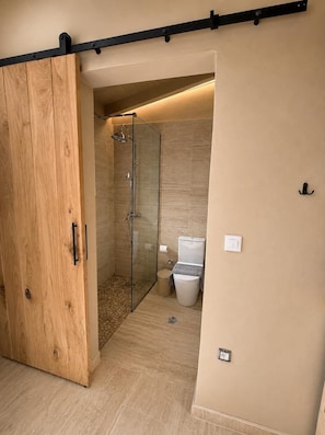 Un baño con cabina de ducha de vidrio, inodoro y puerta corredera de madera.