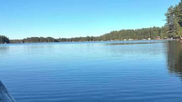 A calm lake with a clear sky, surrounded by dense forest and a wooden dock.