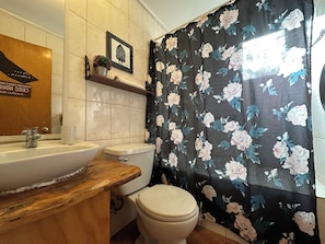 A bathroom with a wooden vanity, a sink, a toilet, a shower curtain with floral patterns, and a framed picture on the wall. - Oceana Suites Refugio del Maipo (San José de Maipo)
