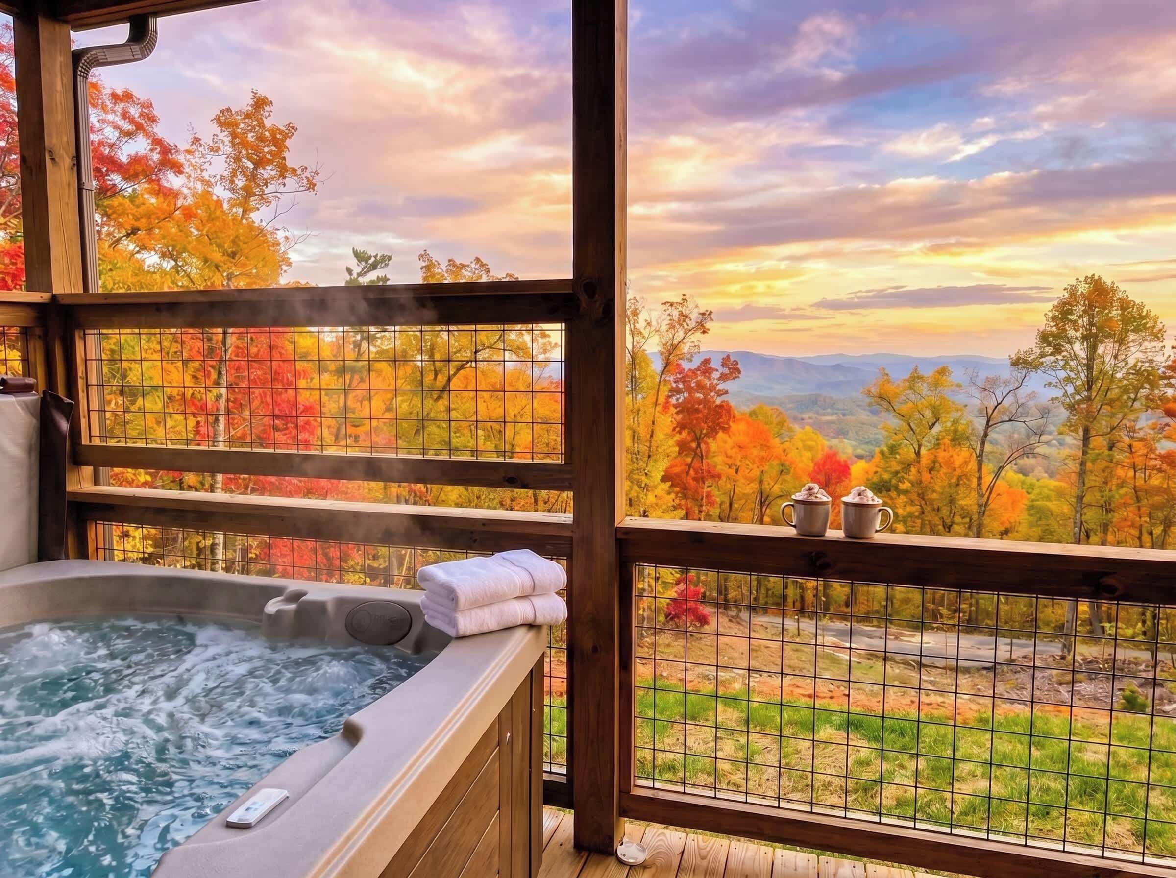 A hot tub with a view of autumn foliage and mountains.