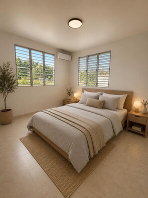 A bedroom with a bed, nightstands, a potted plant, and a window with blinds. - Casa Cecilia Retreat w/pool Near PR’s Best Beaches (Aguada)