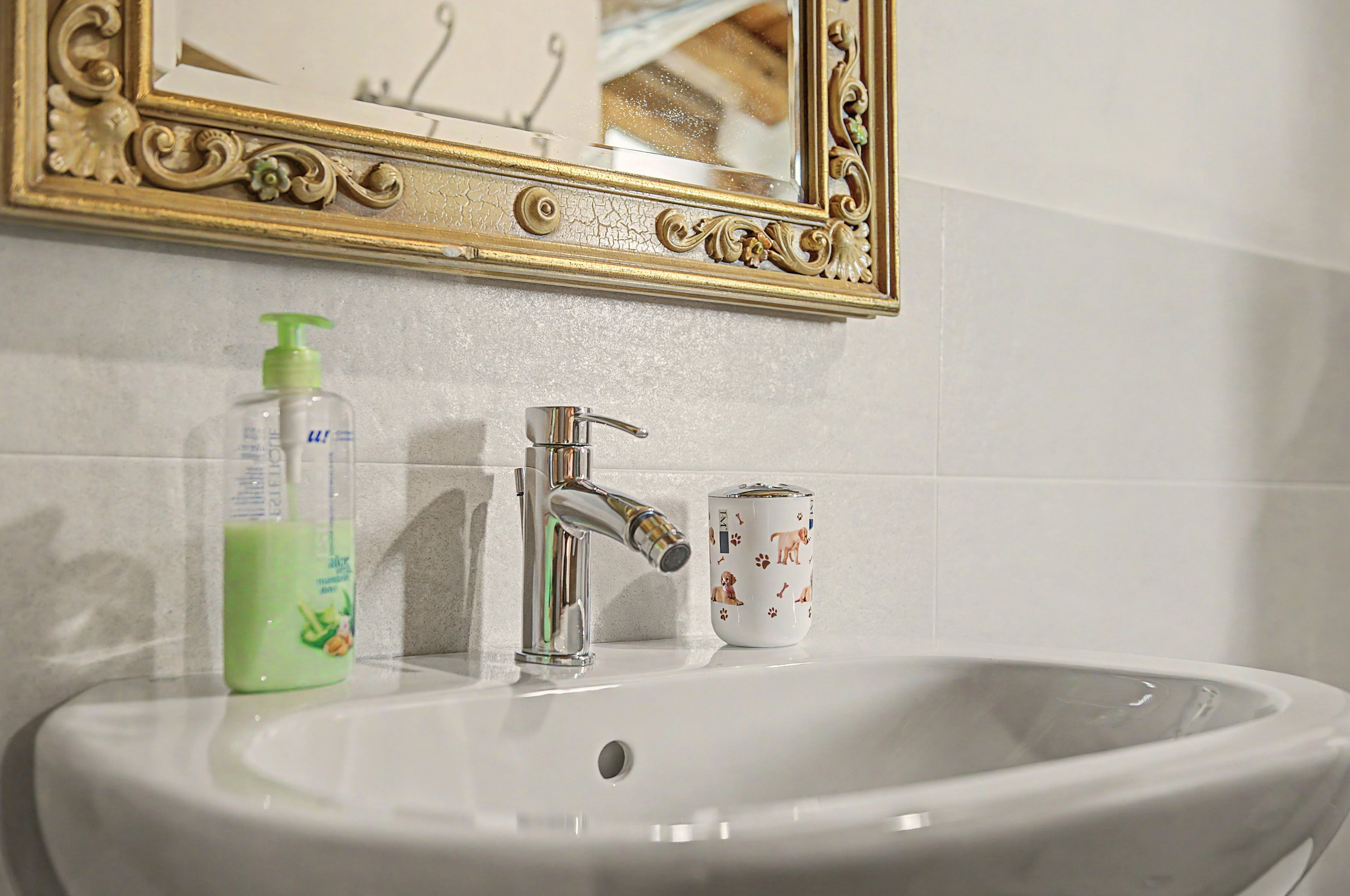 Un lavandino da bagno con uno specchio sopra, un dispenser di sapone e una tazza decorata con un motivo canino.