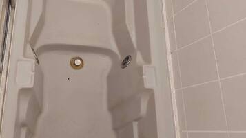 Shower, jetted tub, soap, toilet paper