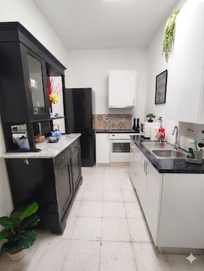 A kitchen with a black refrigerator, white cabinets, a tiled backsplash, and a potted plant. - Unique! in the HEART of Athens Entire Building Apartment (Athina)