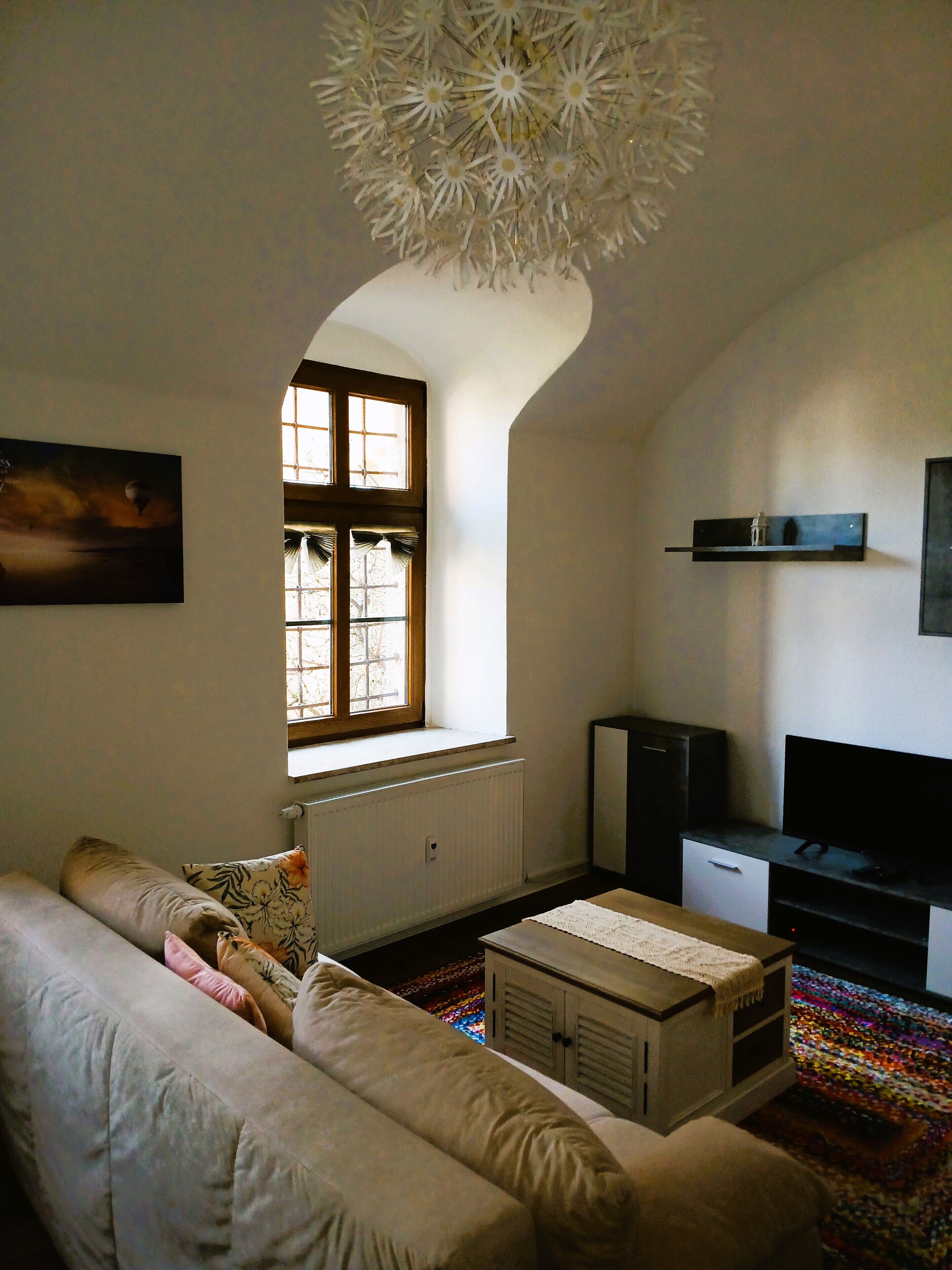 A living room with a sofa, a TV, a radiator, a window, and a ceiling light fixture.
