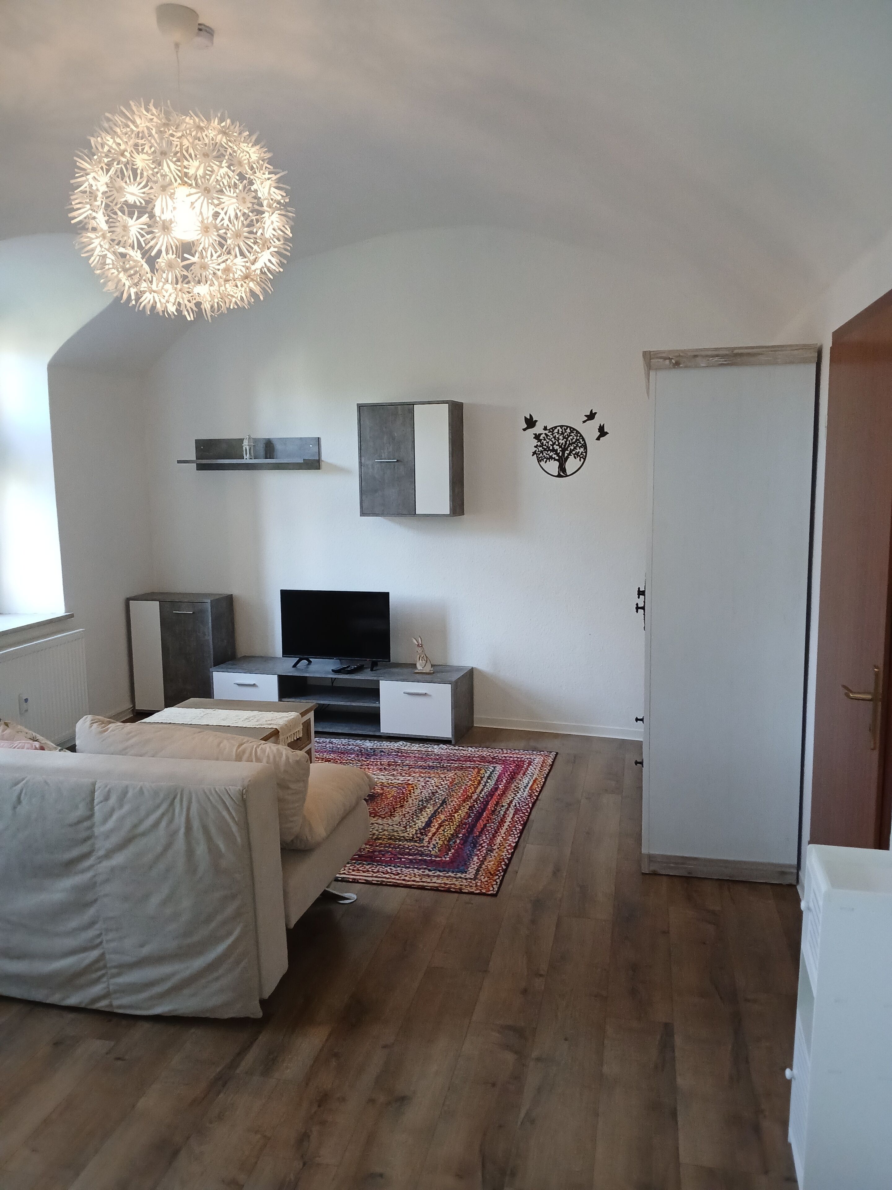 Une chambre à coucher moderne, avec un lit, une télévision, une armoire, un tapis coloré et un luminaire au plafond original.