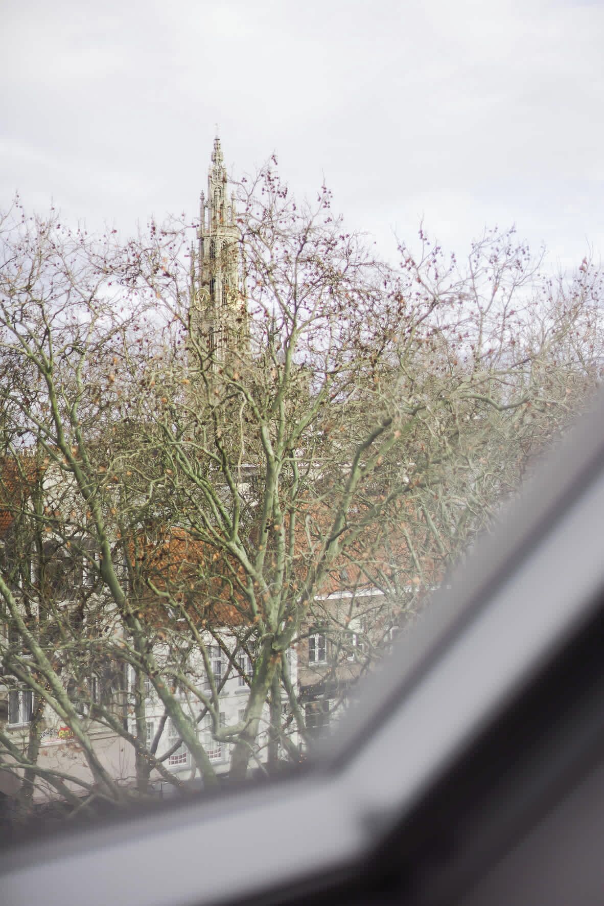 A view through a window with a building featuring a tall, ornate tower.
