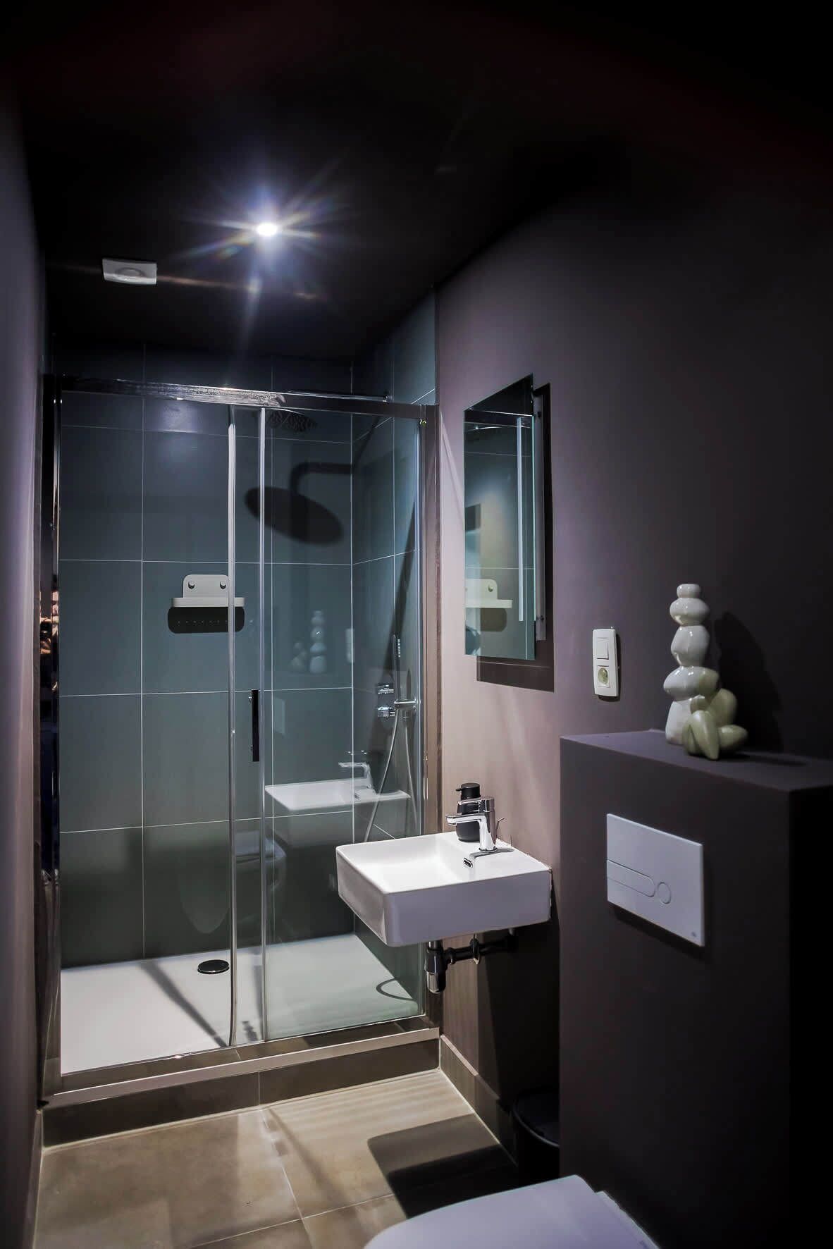 Shower, hair dryer, towels, shampoo