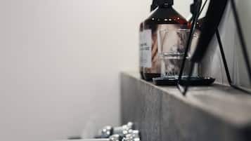 Douche, sèche-cheveux, serviettes fournies, shampoing