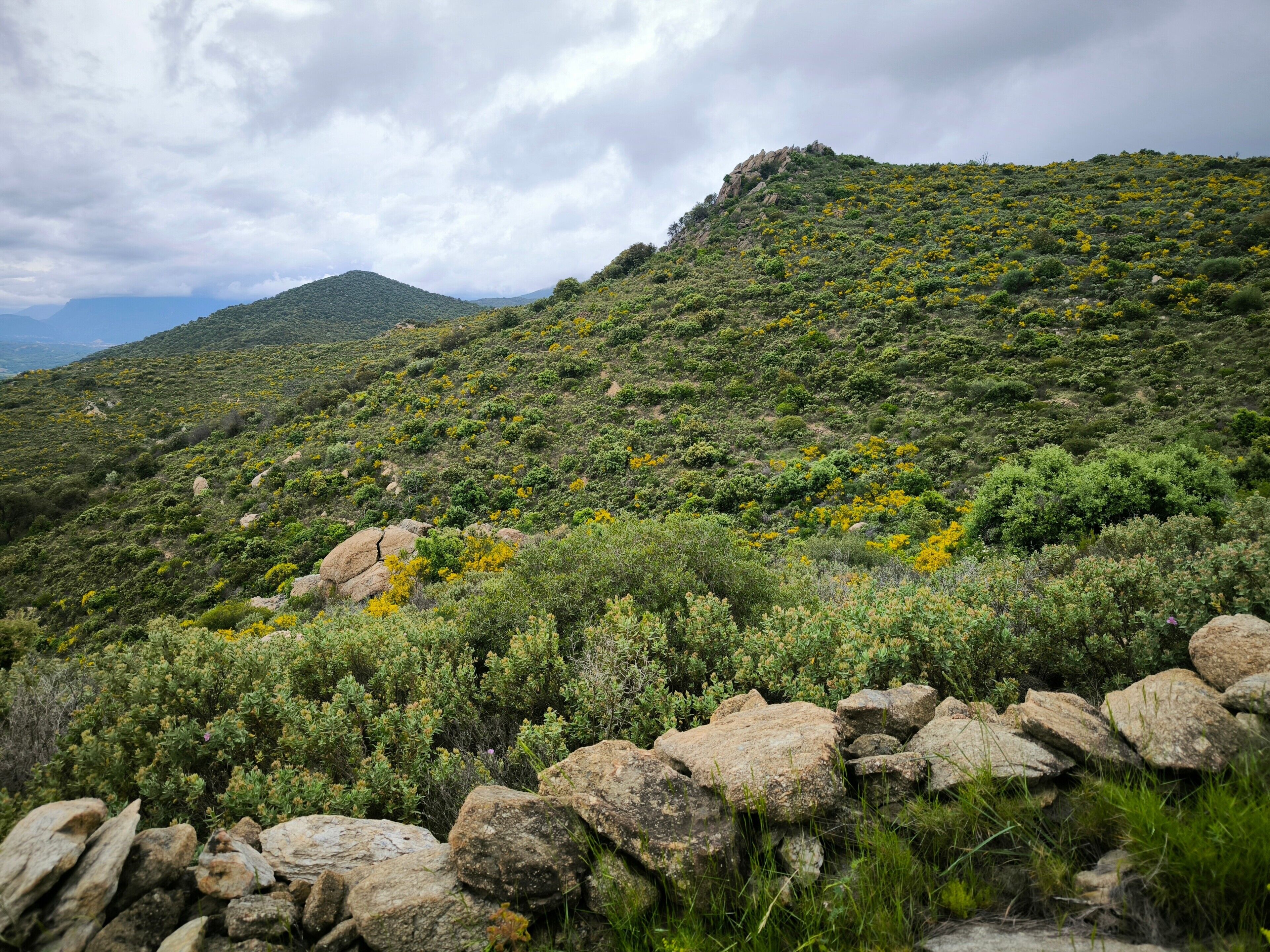 A mountainous landscape with rocky terrain and sparse vegetation.