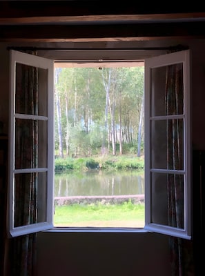 Ein offenes Fenster mit Blick auf einen Teich und Bäume.