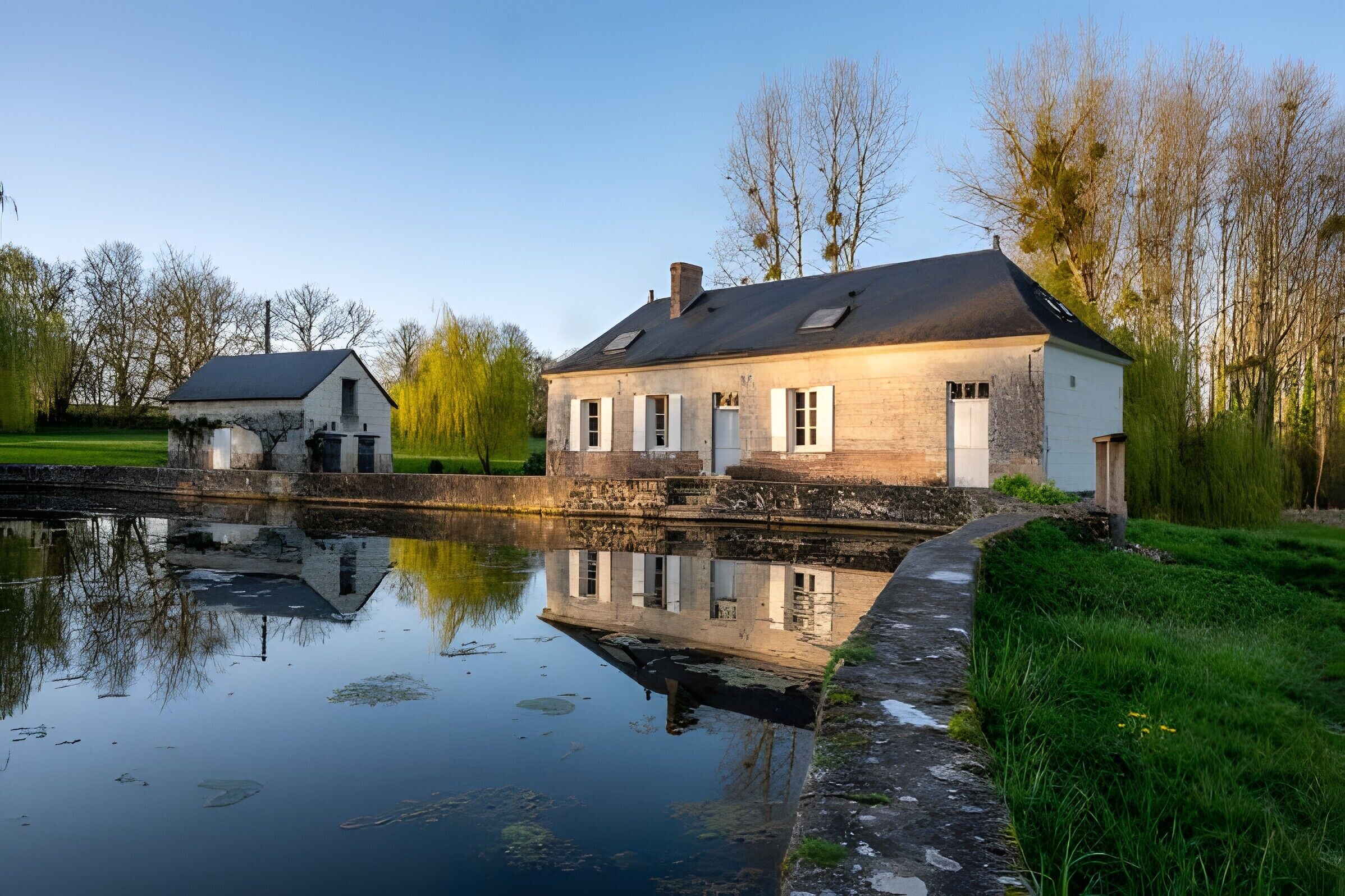 A house with a stone facade, a pond in front, and trees in the background.