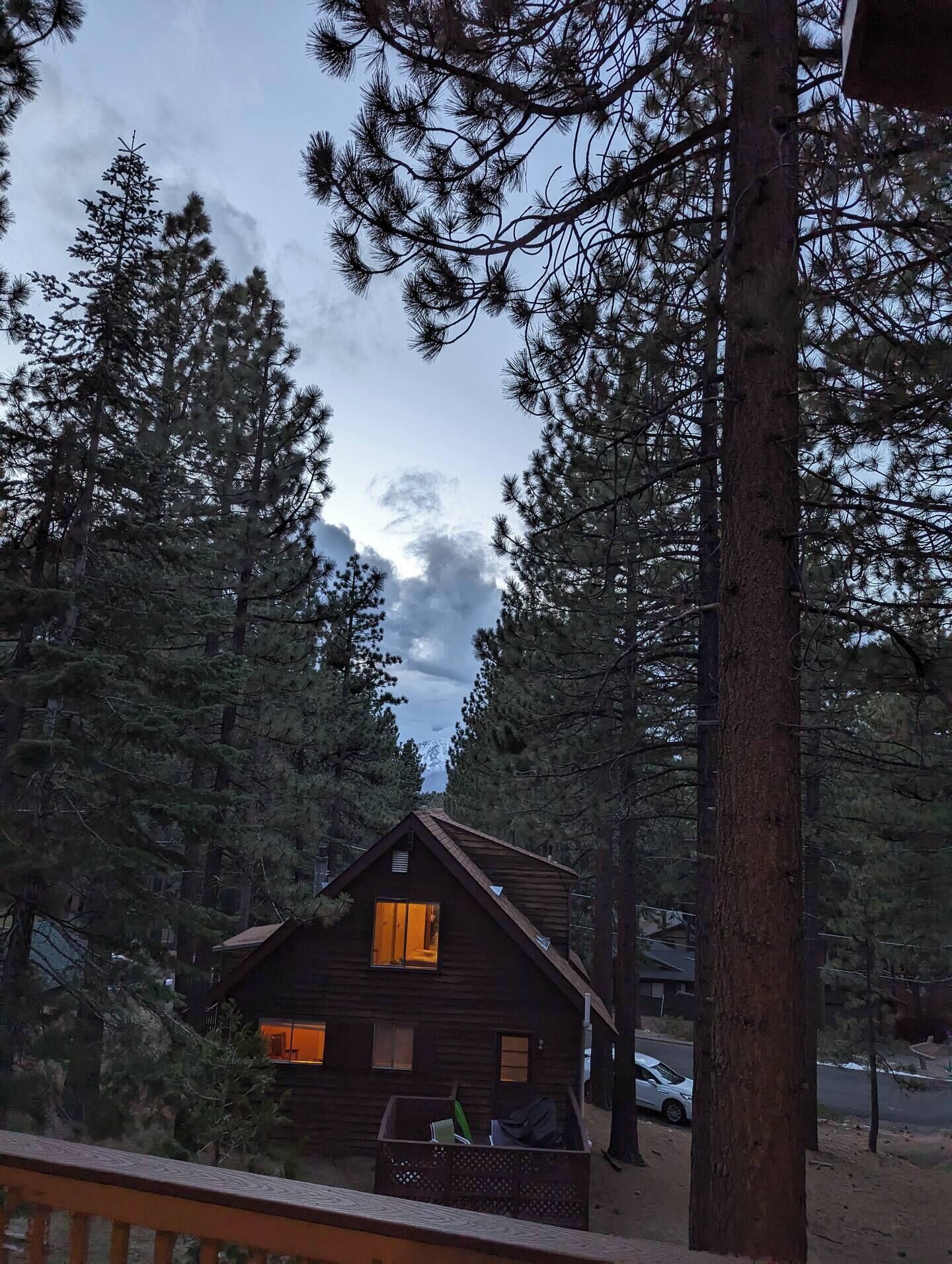A cabin with a sloped roof, surrounded by tall pine trees, and a small balcony with a railing.