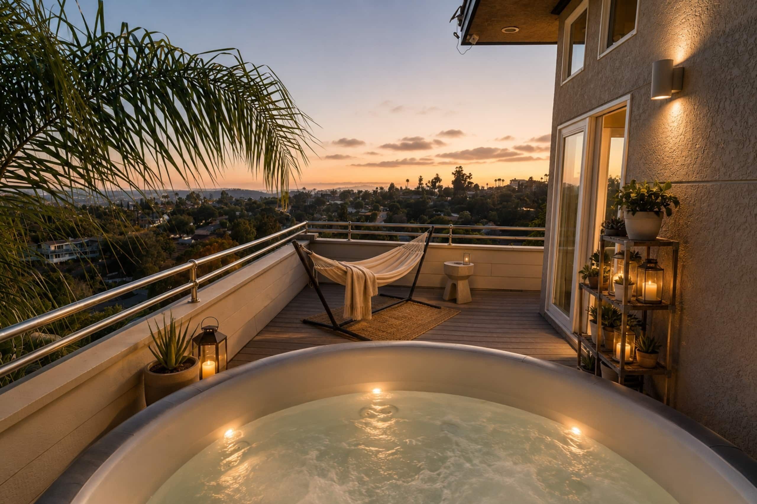 Une terrasse sur le toit avec un jacuzzi, un hamac et une vue sur le paysage urbain au coucher du soleil.