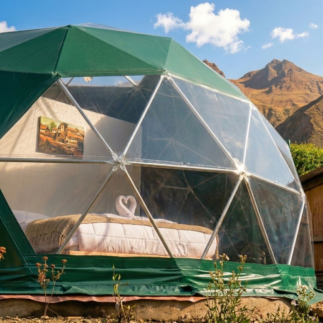 A geodesic dome structure with a bed inside, a painting on the wall, and a mountainous backdrop.