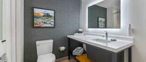 Ein modernes Badezimmer mit Toilette, Waschbecken mit Spiegel und Duschbereich.