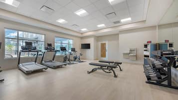 A gym with treadmills, stationary bikes, a bench press, and a weight rack.