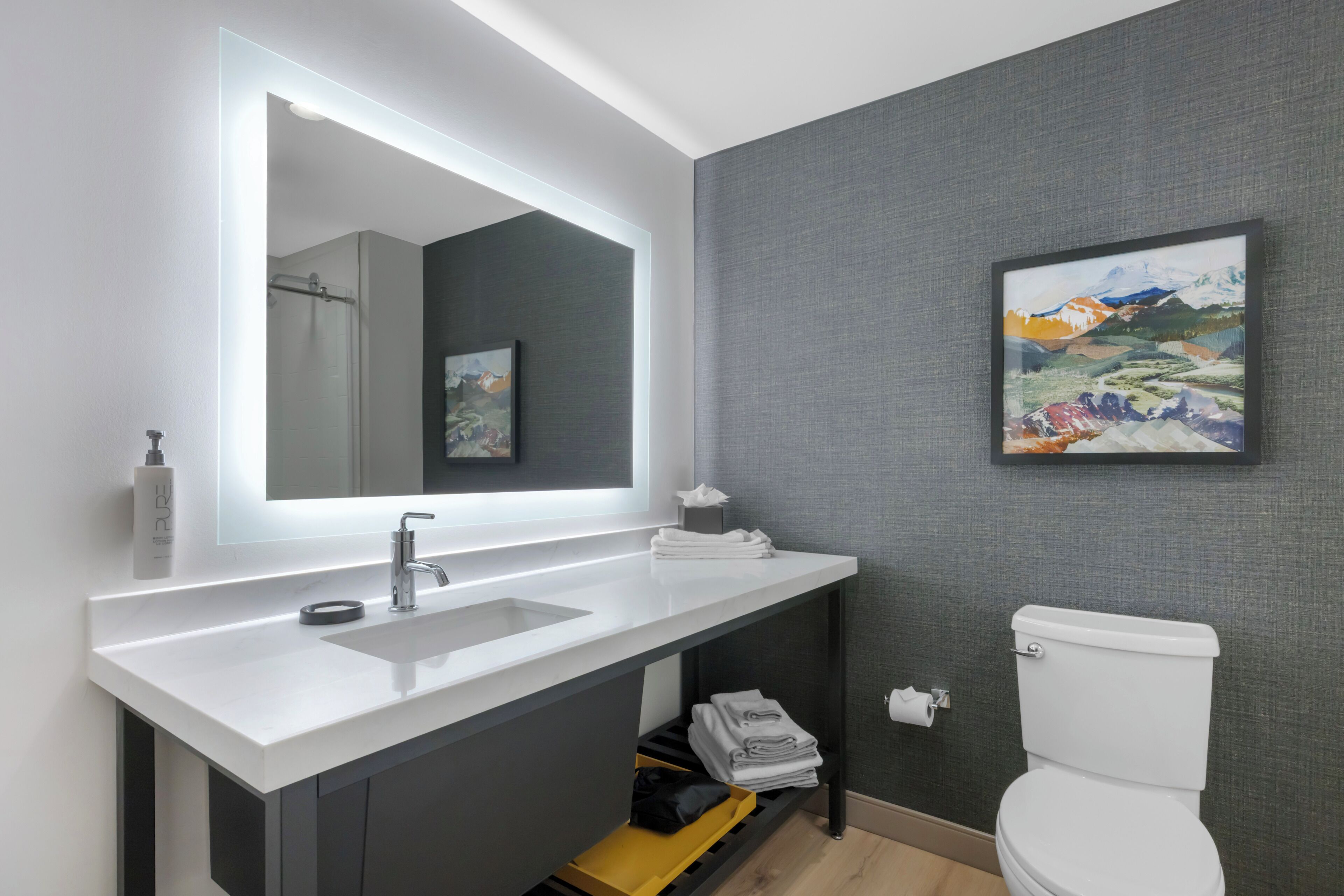 Une salle de bain moderne avec un meuble-lavabo blanc, un grand miroir, des toilettes et un tableau représentant un paysage, encadré et accroché au mur.
