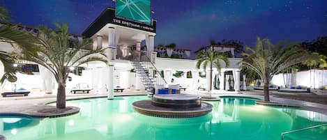 6 outdoor pools, open 8:00 AM to 7:00 PM, free cabanas, pool umbrellas