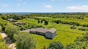 A residential area with houses, green lawns, and a view of the ocean.