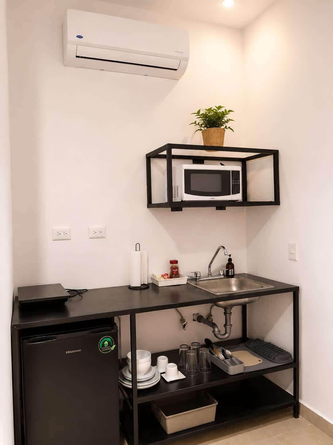 Microwave, coffee/tea maker, cookware/dishes/utensils