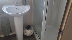 Un baño con lavamanos pedestal, ducha con puerta de vidrio y un florero decorativo.