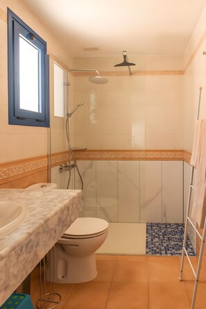 Une salle de bain avec douche, toilettes et lavabo.