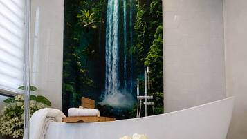 Hair dryer, towels, soap, shampoo