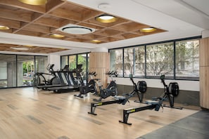 A gym with exercise equipment, large windows, and a wooden ceiling. - Charlie and the Chairman | Designer Suite in CBD (Cape Town)
