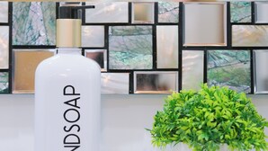 Une salle de bain avec un flacon blanc étiqueté « SAVON POUR LES MAINS » posé sur un comptoir en verre, une petite plante en pot et un mur recouvert de carreaux avec un motif géométrique.