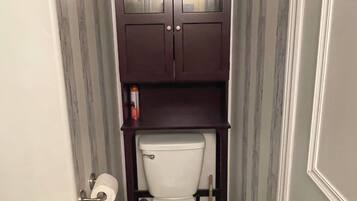 Hair dryer, towels, soap, toilet paper