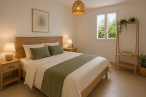 Een keurig opgemaakt slaapkamer met een bed, bedlampjes, een hanglamp, een raam met uitzicht en een plantenplank.