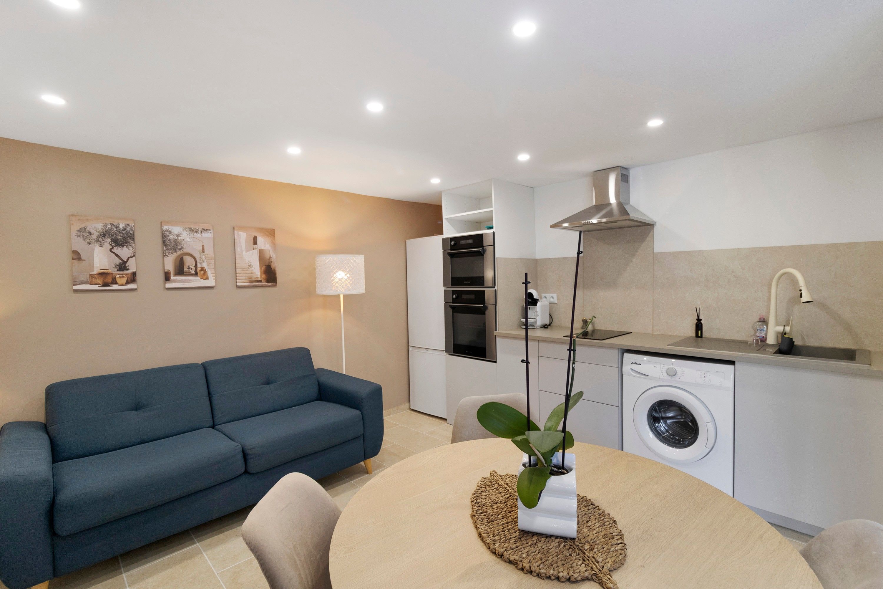 Uma sala de estar moderna com um sofá azul, uma mesa de jantar com uma planta e uma cozinha equipada com máquina de lavar e forno.