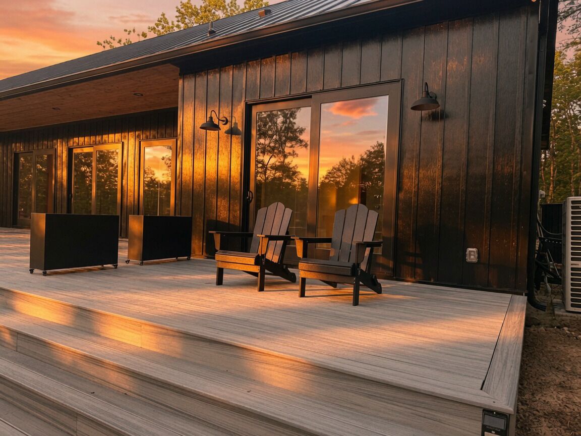 Terraza de madera con sillas Adirondack y una mesa negra, con vista a una puesta de sol.
