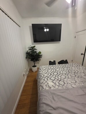 Ein Schlafzimmer mit einem Bett, einem Blumentopf, einem Flachbildfernseher und einer Tür.