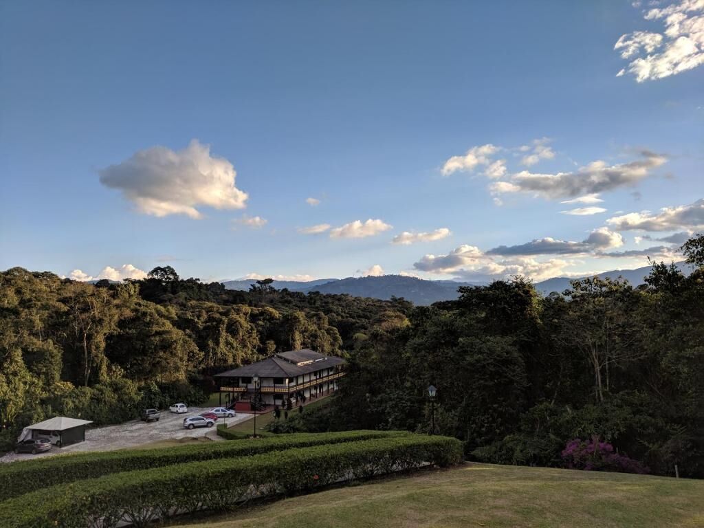 Un edificio rodeado de abundante vegetación y un cielo despejado.