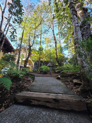 A pathway leading through a forested area with a stone wall and a building in the background.