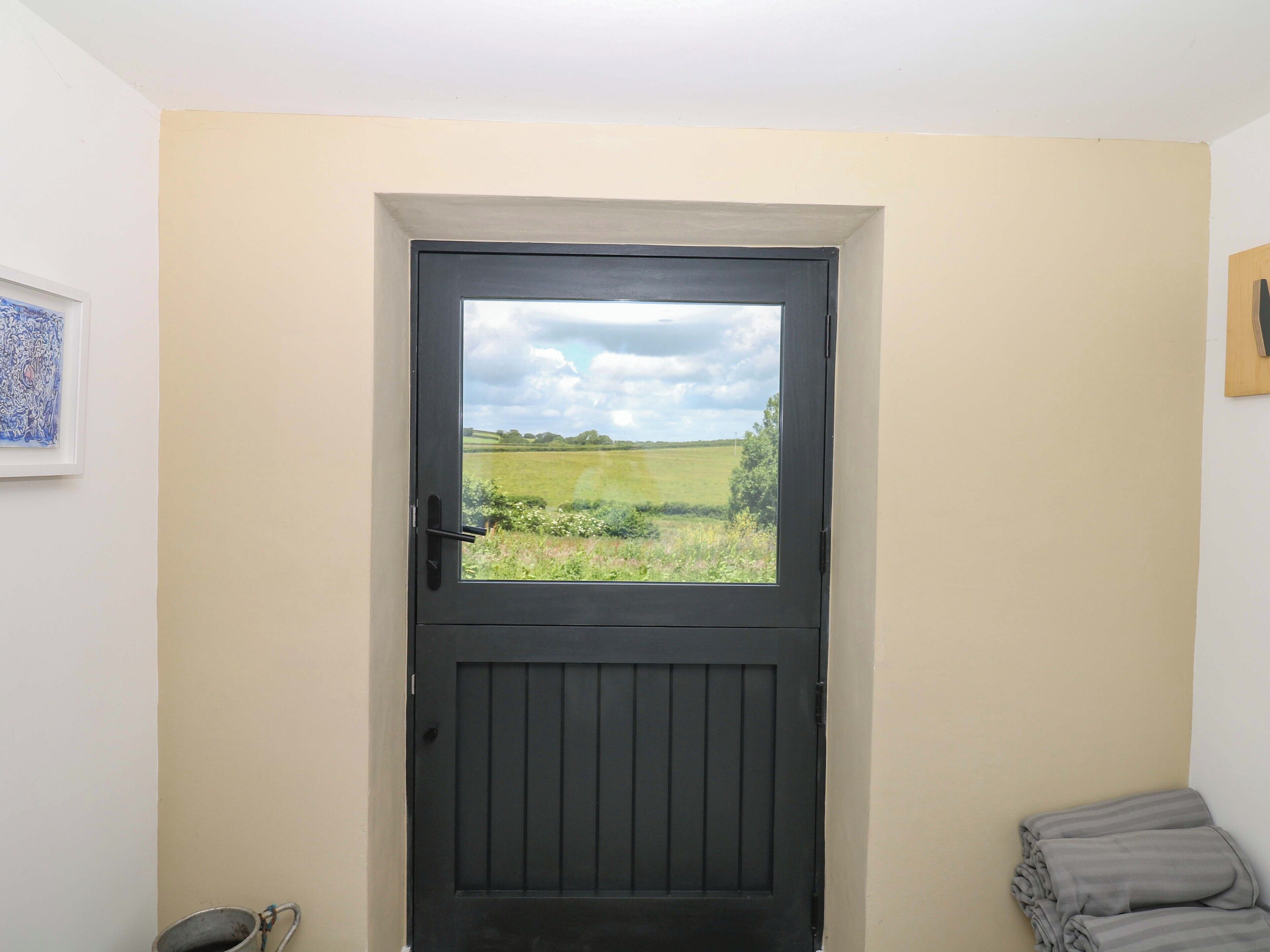 A door with a view of a green field, a framed picture on the wall, and a metal bucket on the floor.