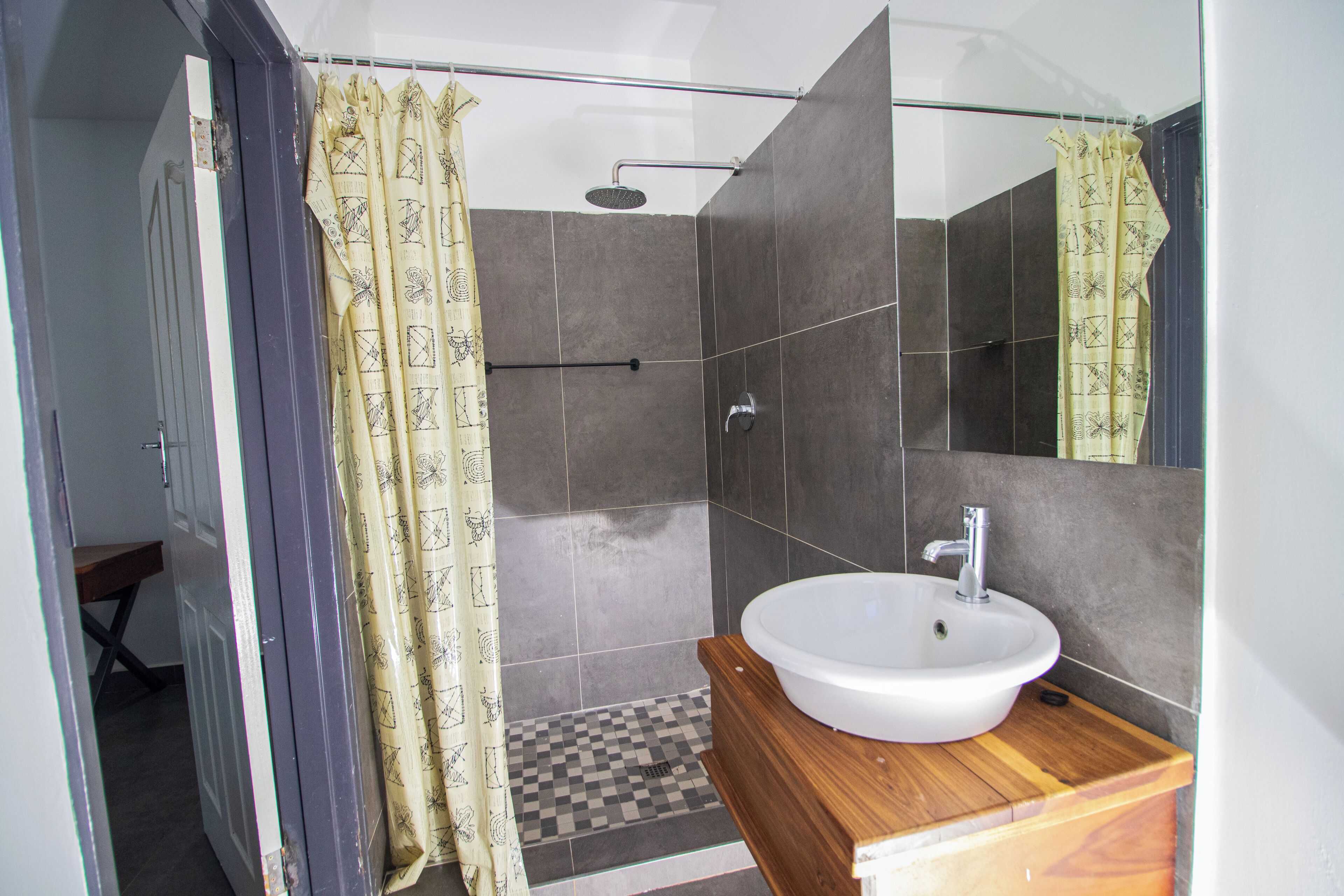 A bathroom with a shower, a sink, and a mirror.
